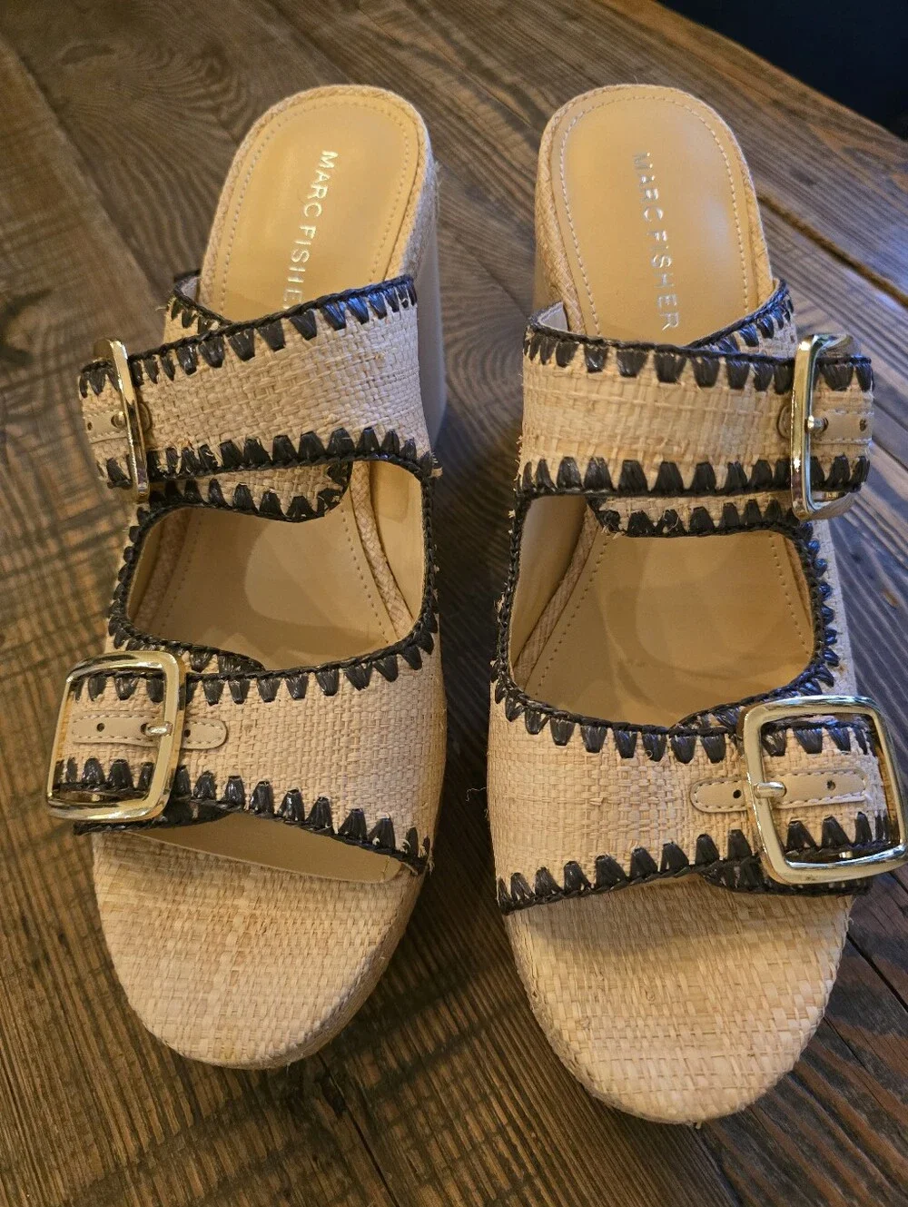 Marc Fisher Woven Platform Slide Heels in Natural W Size 10